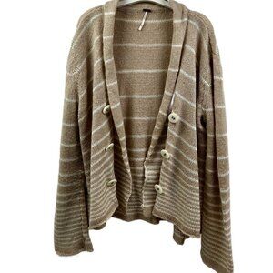 Free People Women's Striped Cardigan Sweater Beige/White Button Front Wool Blend